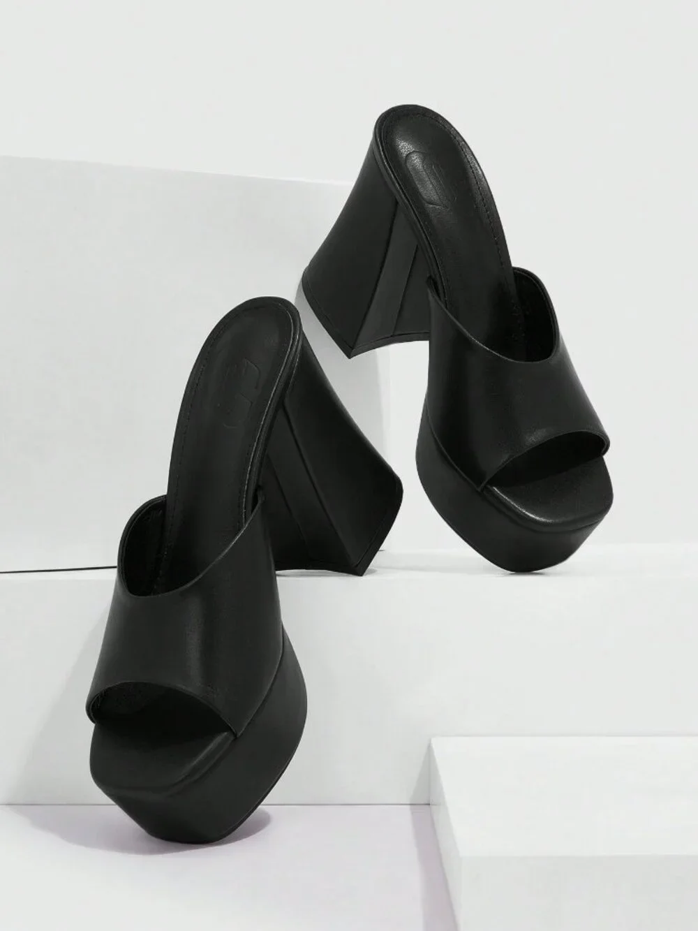 Black Sexy Women's Minimalist Platform Chunky Heeled Mule Sandals
